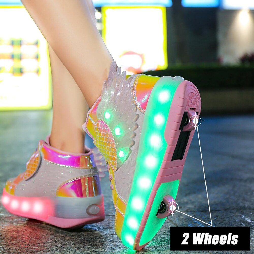 Kid's Girls Pink USB Chargable LED Lighting Roller Wheeled Skate Sneaker Shoes - Picture 6 of 7